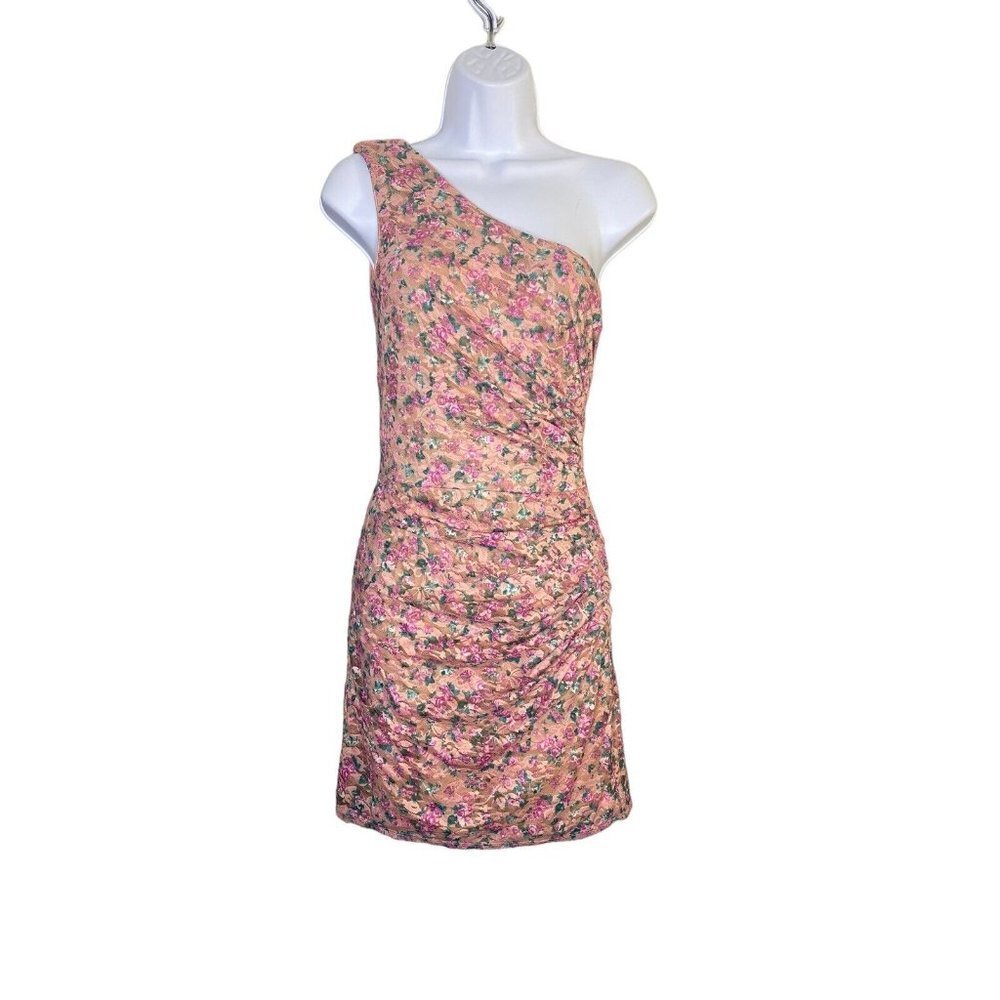 Dress The Population Womens Ruched Side Mini Dress Floral One Shoulder Sleeve XS